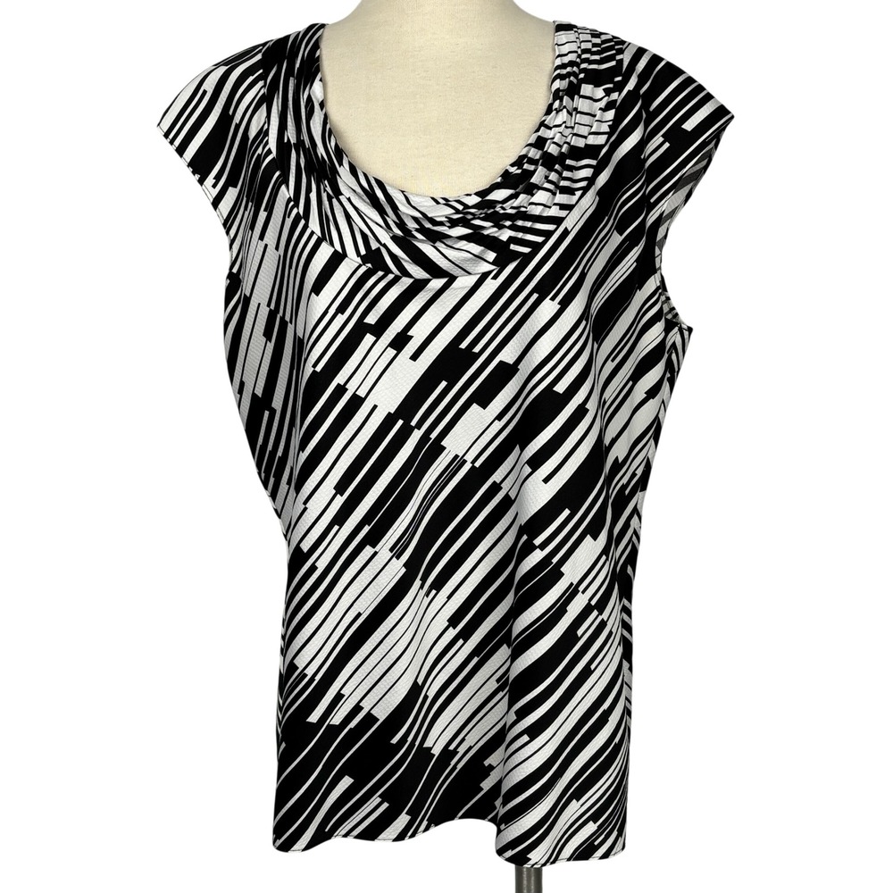 AK Anne Klein Cowl Neck Blouse Women L‎ Black White Geometric Cap Sleeve Top